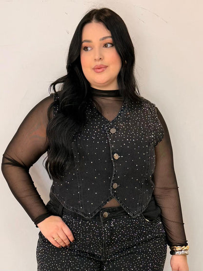 Colete Jeans de Brilho Preto
