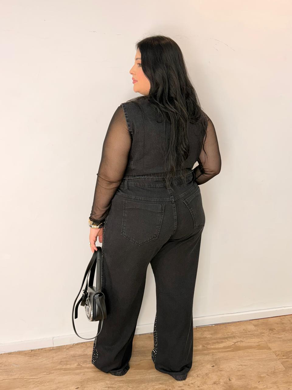 Calça Jeans Wide Leg com Brilho Preta