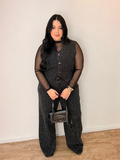 Calça Jeans Wide Leg com Brilho Preta