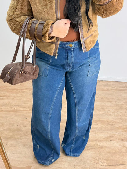 Calça Jeans Wide Leg Sujinha com Bolso Faca