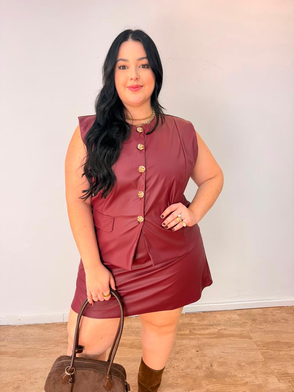 Conjunto Colete Alongado em Couro Alice