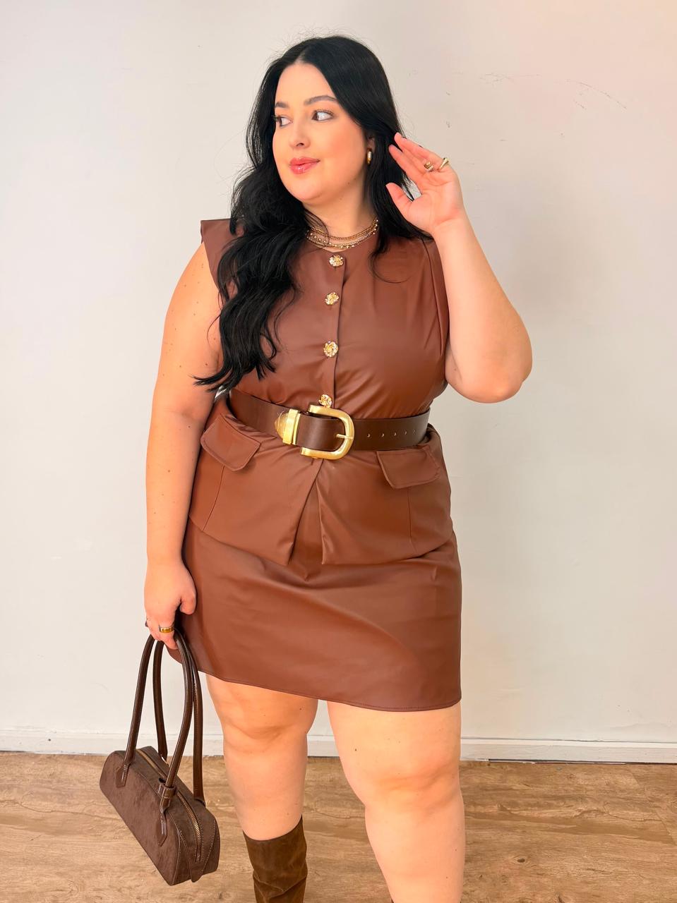 Conjunto Colete Alongado em Couro Alice
