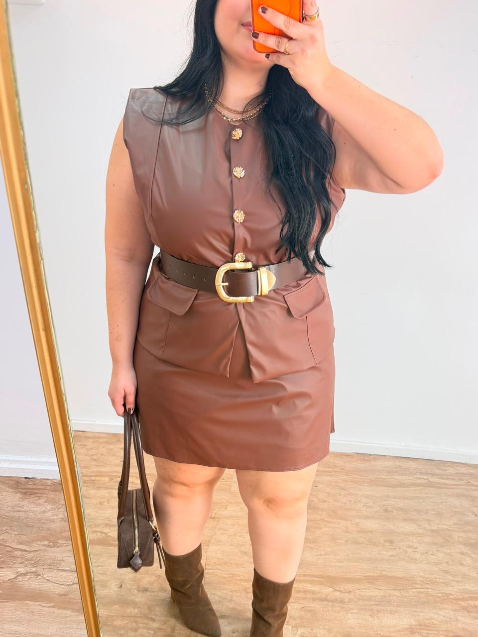 Conjunto Colete Alongado em Couro Alice