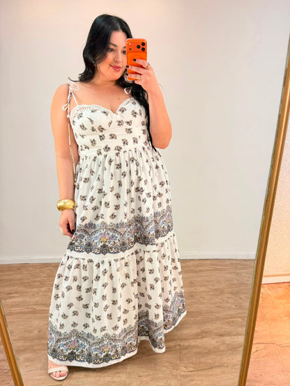 Vestido Longo Alças Estampado Rosa Rio Farm