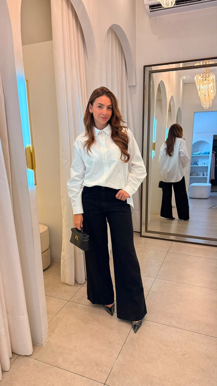 Calça Jeans Wide Leg Preta Brilho