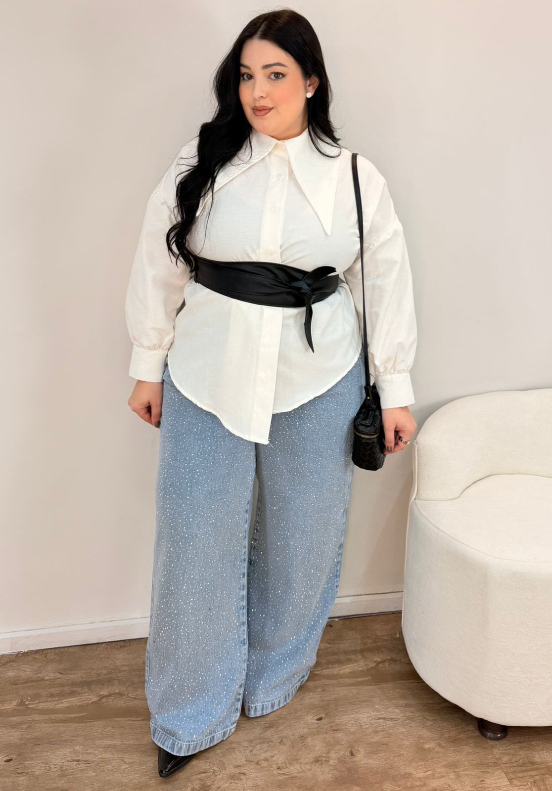 Calça Jeans Wide Leg com Brilho Clara