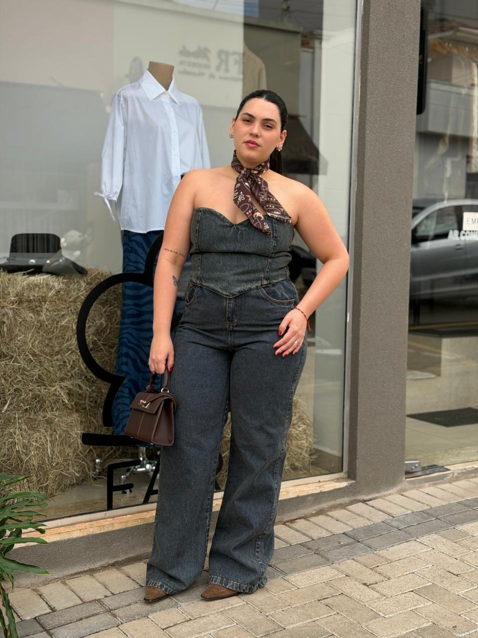 Conjunto Jeans com Cropped Tomara que Caia