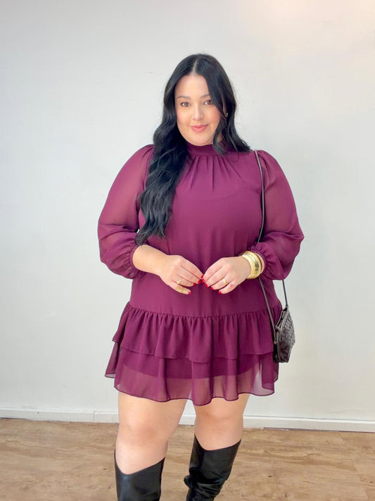 Vestido Curto de Babados em Chiffon de Seda Cibele