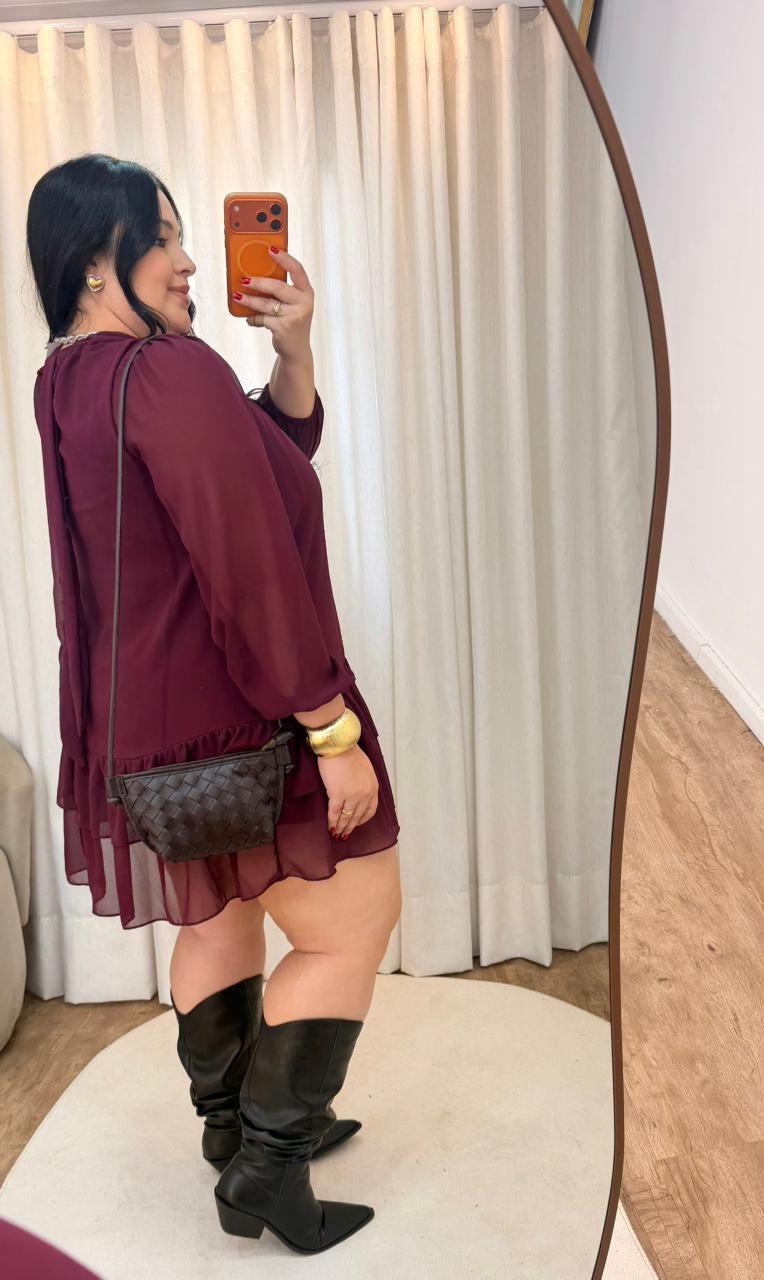 Vestido Curto de Babados em Chiffon de Seda Cibele