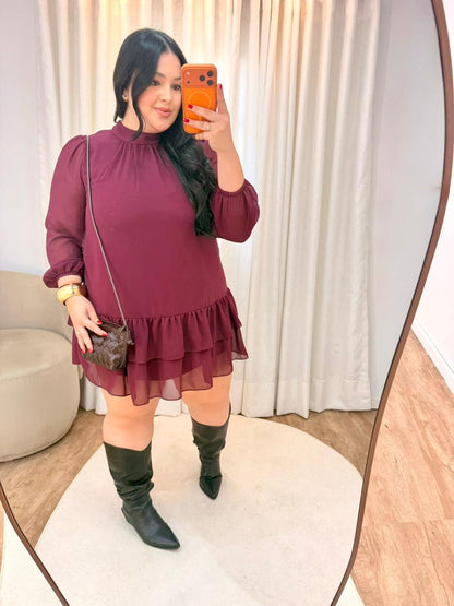 Vestido Curto de Babados em Chiffon de Seda Cibele