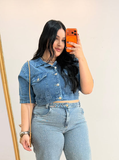 Camisa Cropped Jeans com Brilho