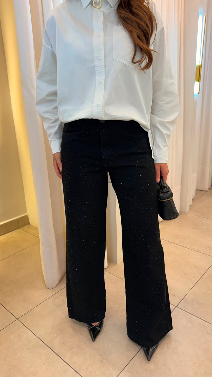 Calça Jeans Wide Leg Preta Brilho
