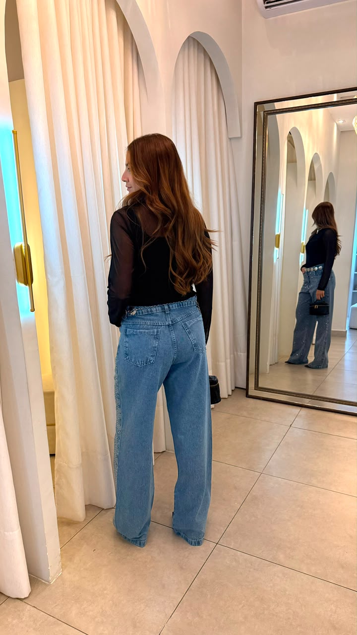 Calça Jeans Wide Leg com Brilho Clara