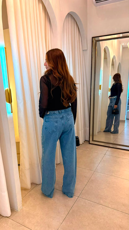 Calça Jeans Wide Leg com Brilho Clara