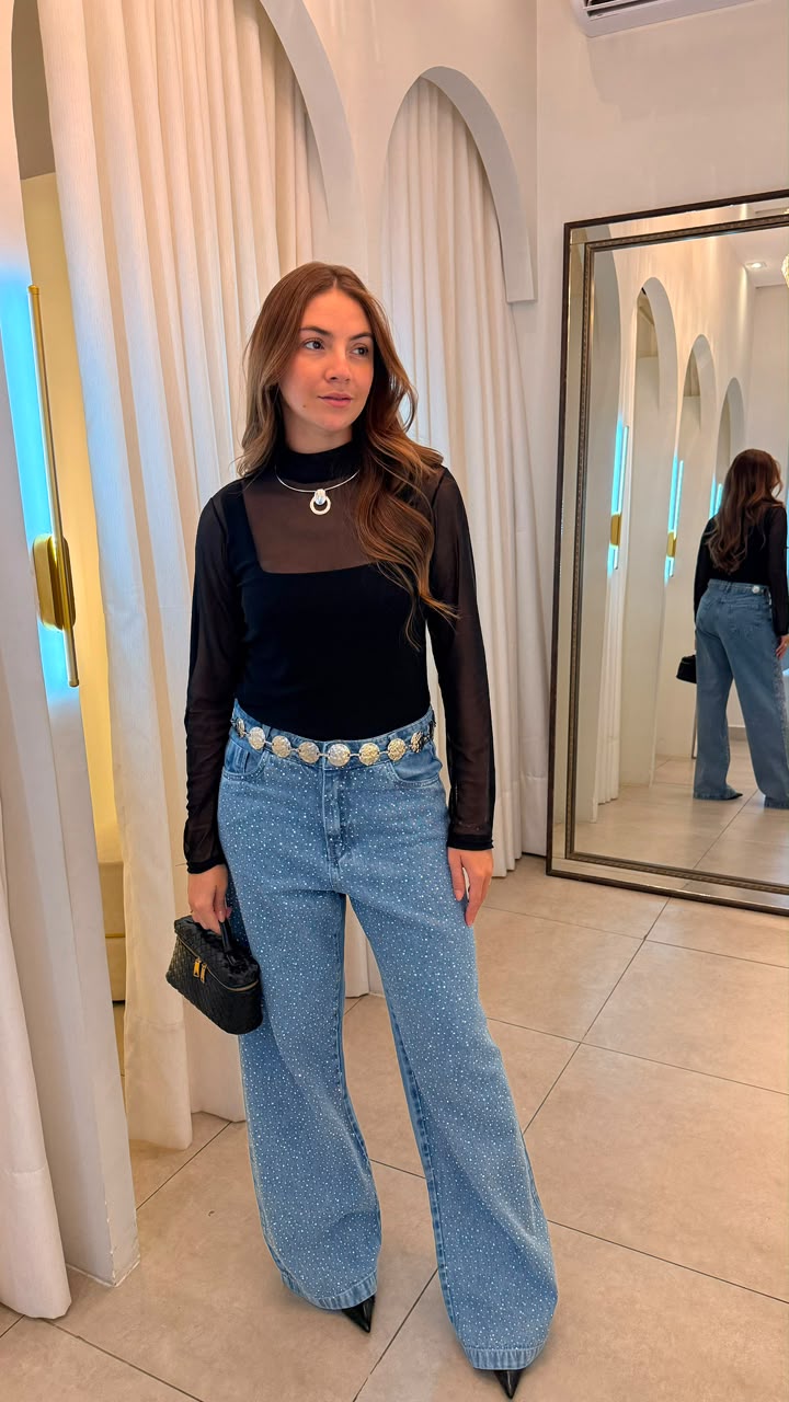 Calça Jeans Wide Leg com Brilho Clara