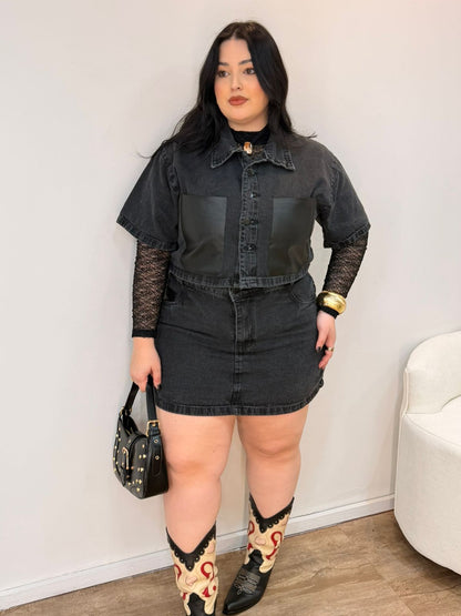 Conjunto Saia Jeans com Bolso de Couro