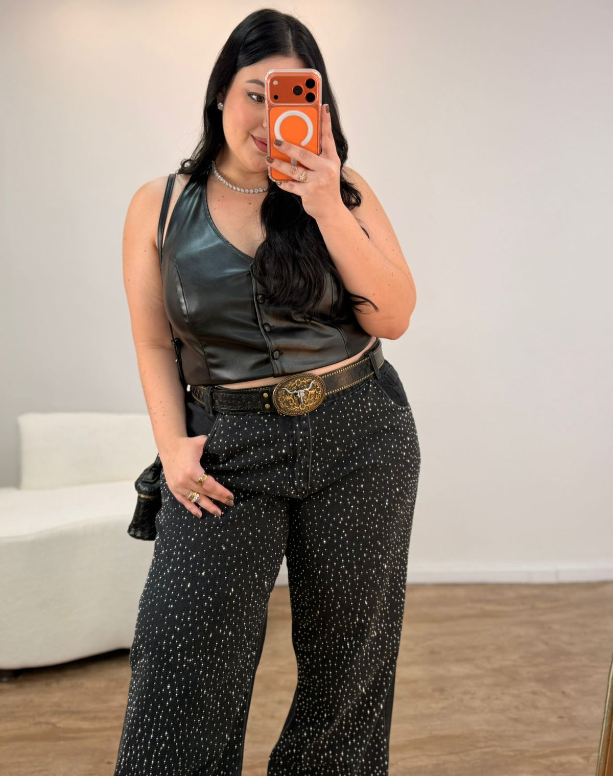Calça Jeans Wide Leg com Brilho Preta