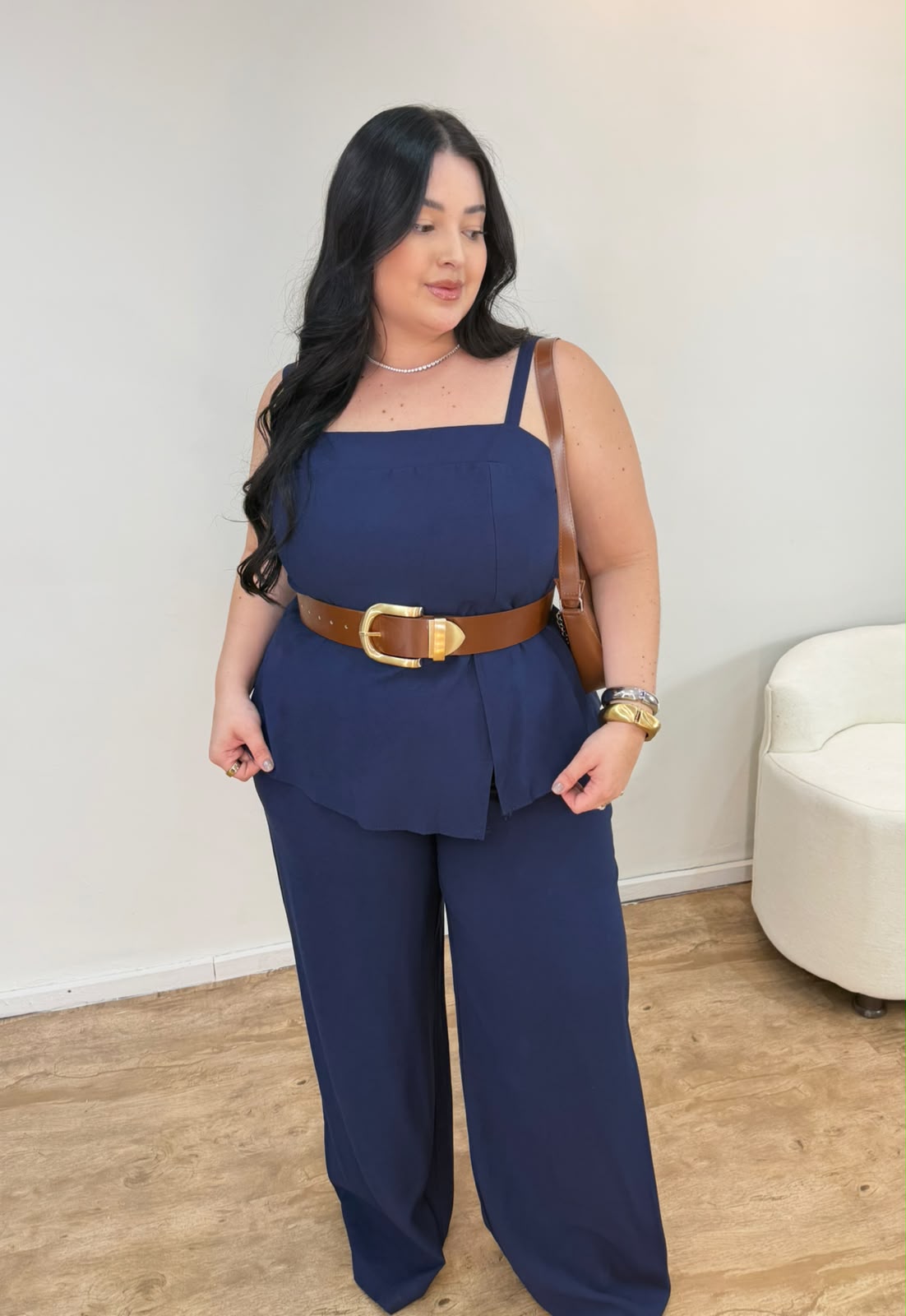 Conjunto com Blusa e Calça Pantalona em Marrant Laila Azul-marinho