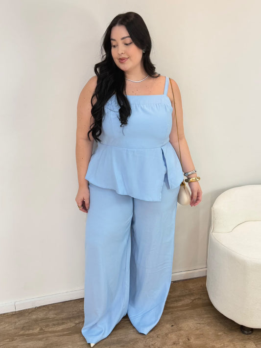 Conjunto com Blusa e Calça Pantalona em Marrant Laila Azul Bebê