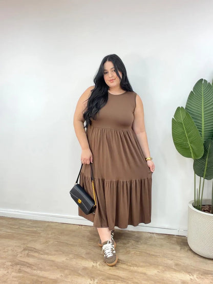 Vestido Feminino em Malha Sem Manga Elegante Maria