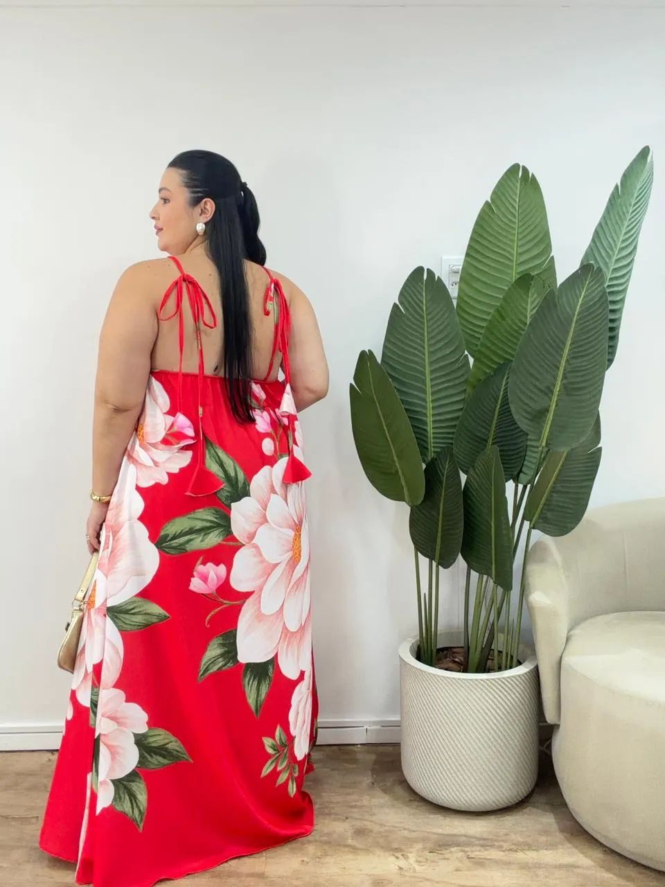 Vestido Longo Floral Vermelho em Crepe Ana