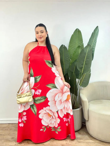 Vestido Longo Floral Vermelho em Crepe Ana