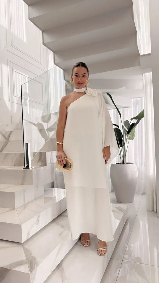 Vestido de Festa Ombro Só com Flor em Chiffon de Seda