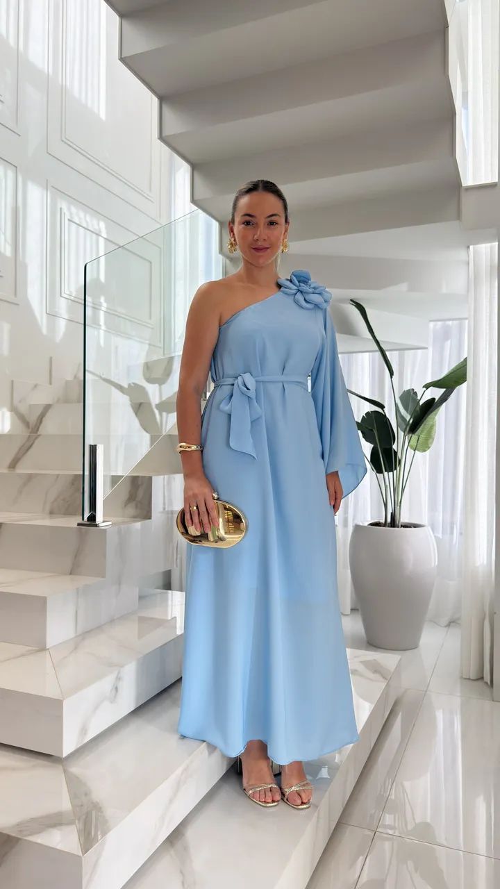 Vestido de Festa Ombro Só com Flor em Chiffon de Seda