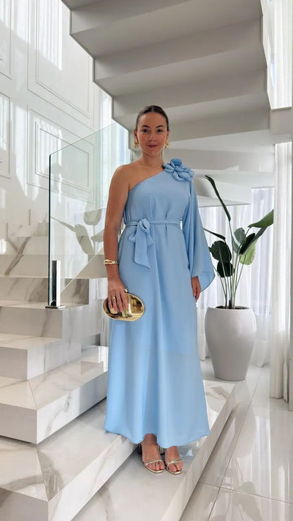 Vestido de Festa Ombro Só com Flor em Chiffon de Seda