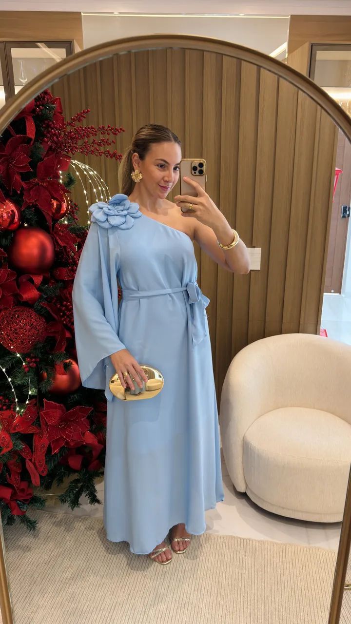 Vestido de Festa Ombro Só com Flor em Chiffon de Seda
